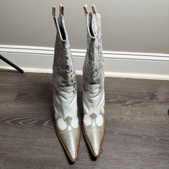 Para Raio White Silver Leather Pointed Toe Brazilian Cowgirl Boots Women's 9 - Picture 1 of 7